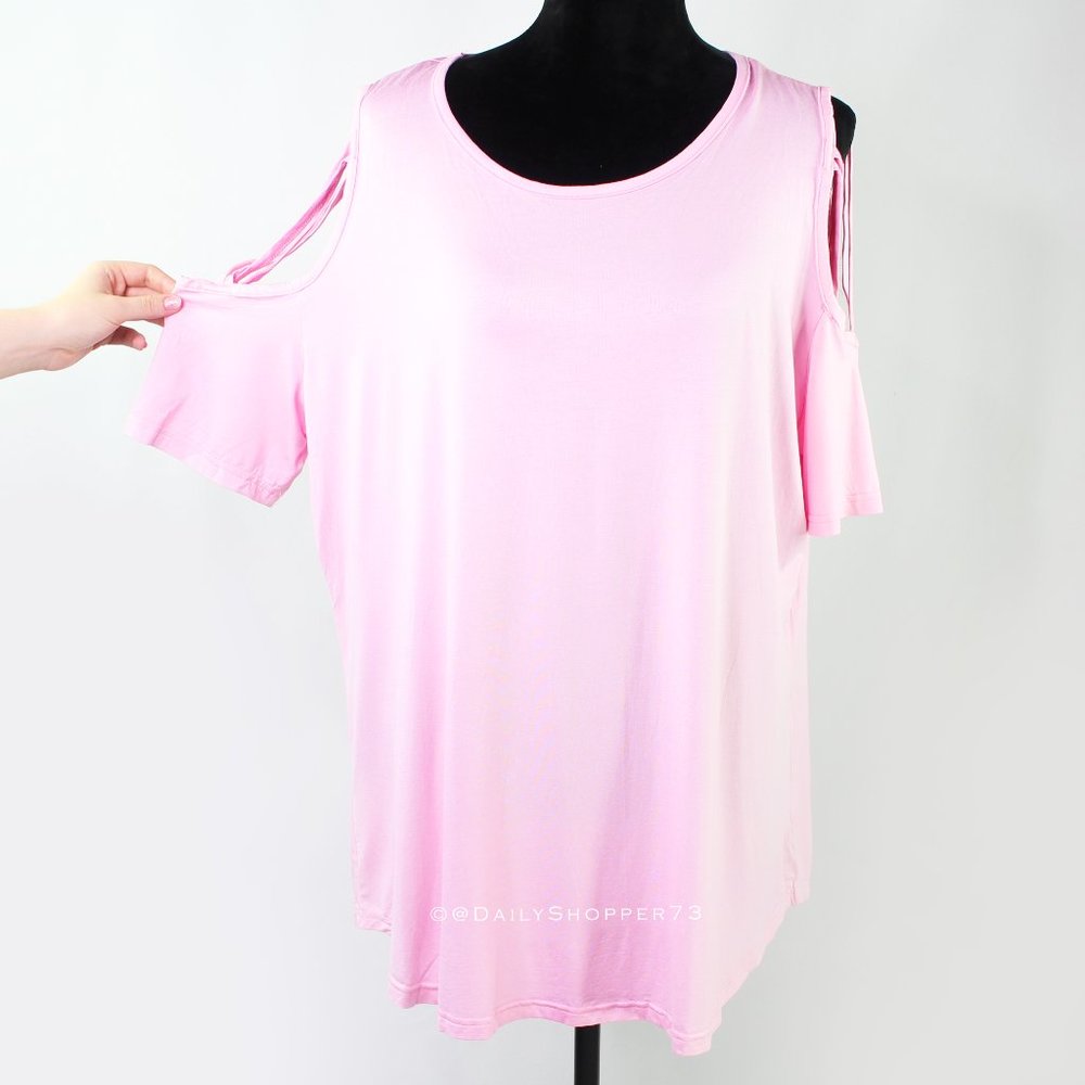 Ceasikery Women's Pink Criss-Cross Cold-Shoulder T-Shirt